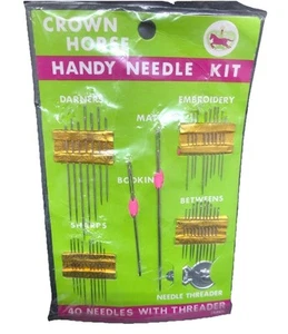 Vintage Krone Pferd Nähen handlich Nadel Ausbessern Kit Japan Einfädler Sticken Darners - Bild 1 von 9