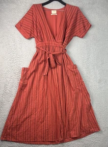 Vestido envolvente midi de lino para mujer Urban Outfitters Gabrielle MED naranja quemado a rayas - Imagen 1 de 12