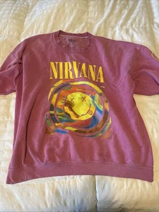 Nirvana Smile Overdyed Sweatshirt Pink S/M Urban Outfitters OVERSIZED - Picture 1 of 6