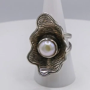 Sterling Silver 925 Pearl Boho Textured Shell 1.5" Split-Shank Ring Sz 9.5 Women - Picture 1 of 7