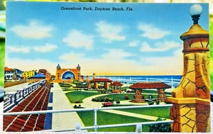 Postal de lino vintage de Daytona Beach Florida FL Oceanfront Park años 40 SIN USAR - Imagen 1 de 4