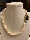 Vintage Freshwater Rice Seed Pearl Multi Strand Necklace Black Stone Clasp 17”