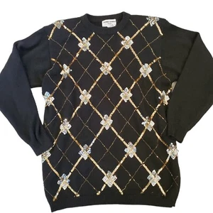 Vintage 90s Black Sequins Argyle Preppy Sweater Dark Academia Metallic | Sz M - Picture 1 of 7