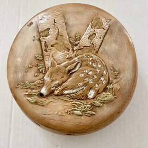 Vintage Ceramic Dimensional Fawn Deer Woods Dresser Box Vanity Jar 6" x 2.75" - Picture 1 of 9