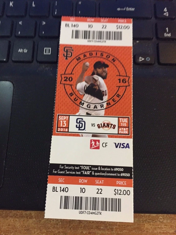 2016 SAN FRANCISCO GIANTS VS SAN DIEGO PADRES TICKET STUB 9/13 MADISON BUMGARNER - Image 1 of 1