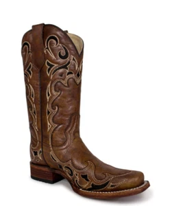 CORRAL ladies Circle G Corral Brown and Black Embroidered Square Toe L5557 - Picture 1 of 2