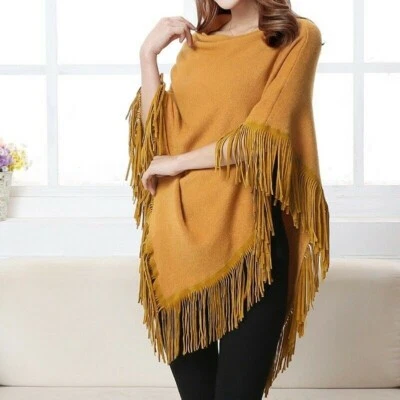 Donna Lavorato a Maglia Poncho Scialle Mantella Maniche Pipistrello Nappa Winter - Immagine 1 di 4