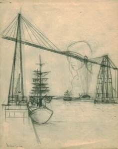 Dessin au crayon Verge Frédéric Raimon pont transbordeur à Nantes 44 - Imagen 1 de 1