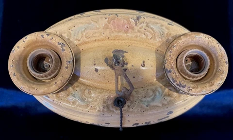 Antique Ceiling Flush Mount Painted Metal Base Two Socket Pull Chain 12" Cover