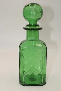 Empoli Verde Glass Diamond Patterned Decanter w/ Stopper Vintage MCM Barware - Picture 1 of 13