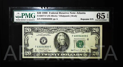 [REPEATER S/N] FRN $20 1990 FR2077 PMG 65 GEM UNC EPQ FANCY S/N 68996899 - Image 1 of 2