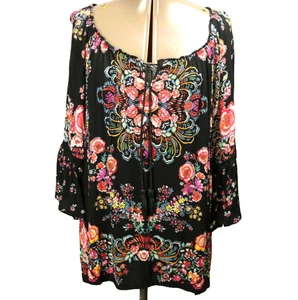 Bila Floral Tassel Top Bell Sleeve Peasant Hippie Boho Black Multicolor 2XL - Picture 1 of 21