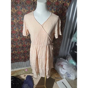 Roxy Girls Dress Size 16/XXL Peach Gingham Check Short Sleeve Wrap - Picture 1 of 3