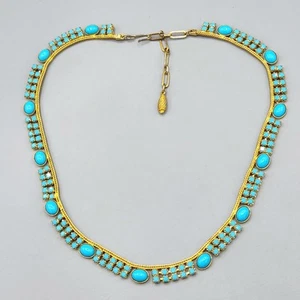 Vintage Pennino Turquoise Cab & Chaton Glass Gold Tone Mesh Necklace 18" - Picture 1 of 8