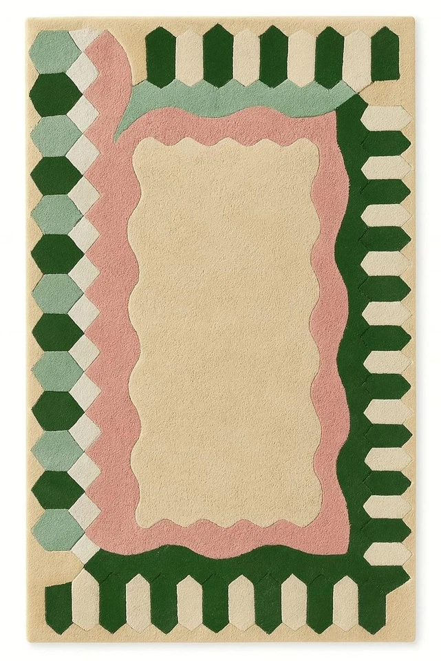 Alfombra moderna multicolor borde acolchado a mano diseño de marco geométrico abstracto Foto 1 de 4