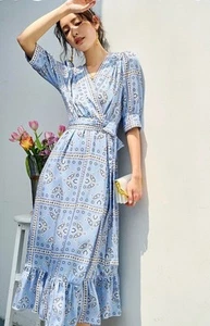 Sandro Dress Size 34 AU 6 Enrika Sky Blue Paisley Wrap Midi Silk - Picture 1 of 12