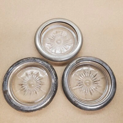 lot of 3 Vintage Leonard Italy Silverplate and Crystal Glass Coaster ashtrays  - Image 1 of 4