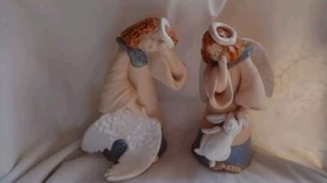 Vintage Studio Art Sleepy Clay Angels holding Wings and Floppy Bunny signed  7". - Picture 1 of 17