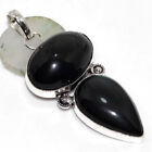 925 Silver Plated-Black Obsidian Ethnic Long Gemstone Pendant Jewelry 2.3" JW