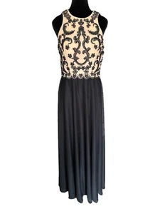 Jackie Jon NY Formal Beaded Dress Black Nude Chiffon A Line Sleeveless Sz 8 Med - Picture 1 of 7