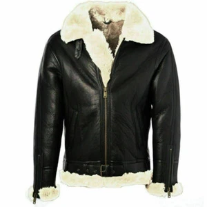 Mens Black Leather Jacket Genuine Sheepskin Aviator Fur B3 Bomber - Picture 1 of 4