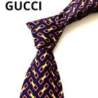 Excellent GUCCI TIE Authentic Navy Printed All Over Pattern Lining Logo