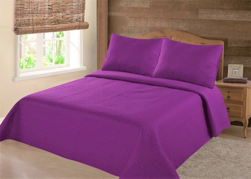 NEW UNIQUE SOLID PLAIN  QUILT SET BED COVER BEDDING QUILTED BEDSPREAD - Image 1 of 1