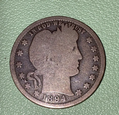 US 1894 S Barber Silver Quarter - 90% Silver 19th Century Type Coin Cover