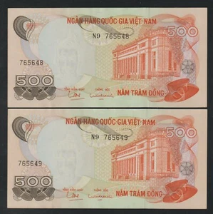 1970 South Vietnam National Consecutive Pair Năm Trăm Đồng Banknotes Pick 28a  - Picture 1 of 3