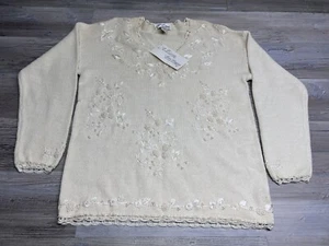 Vintage Allison Brittney V-Neck Sweater Floral Embroidered Ivory Size Medium NWT - Picture 1 of 6
