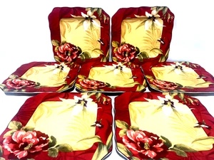 222 Fifth Belize Set Of 7 Square Floral & Hummingbird Dinner Plates 10 3/4" - Picture 1 of 2