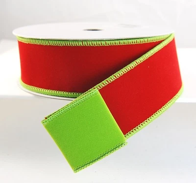 Wire Edged Red Velvet and Lime Green Reversible Thick Ribbon 1 1/2" 10 Yards - Image 1 of 2