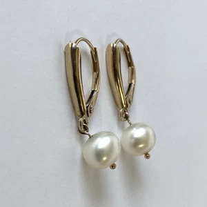10k Gold Pearl Leverback Earrings Vintage Estate Heirlooms Dangle Drop Hoops - Picture 1 of 5