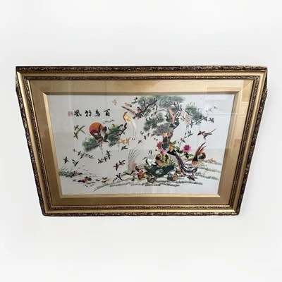 Винтажная китайская шелковая вышивка искусство «Сто птиц Феникс» в рамке 37x26» редкая - Изображение 1 из 4