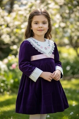 Vestido Vintage Terciopelo Púrpura Niñas 5 Mangas Abullonadas Cuello Bordado Encaje Años 80 90 Foto 1 de 4