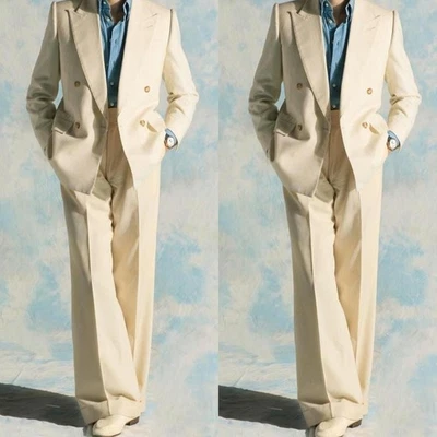 Trajes de hombre con solapa Peak beige 2 piezas de esmoquin formal de negocios chaqueta pantalones con puños Foto 1 de 4