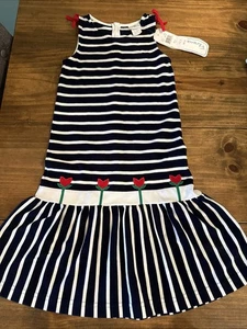 NWT Florence Eiseman Dropped Waist Black White Striped Sundress Sz 6 Red Tulips - Picture 1 of 7