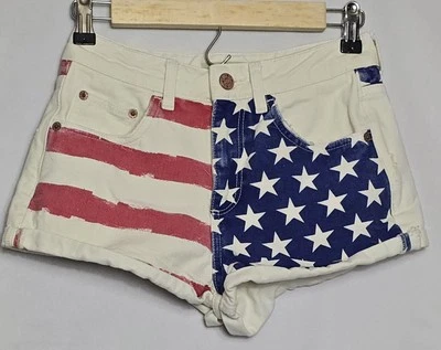 Pantalones Cortos Mujer Topshop Moto Marfil Denim 4 de Julio Diseño Bandera EE. UU. Talla 26 Foto 1 de 4