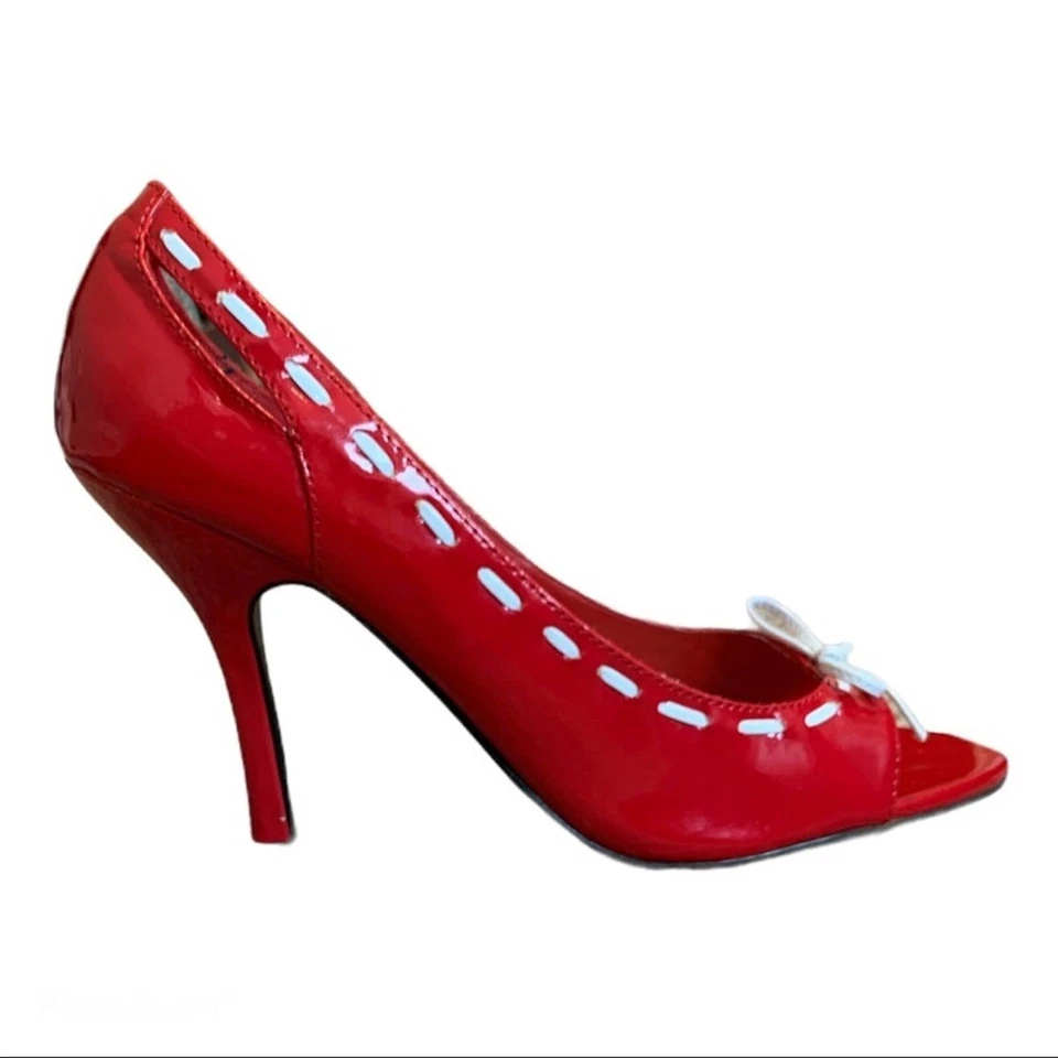Tacones Shiekh rojo peep toe con lazos blancos talla 10 Foto 1 de 4