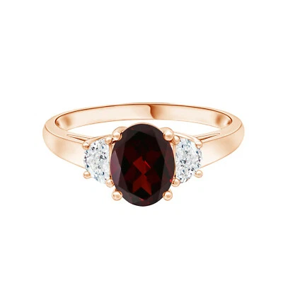 Three Stone Ring Oval Garnet D Shape Side Stone Women Ring 14k Rose Gold Foto 1 de 4