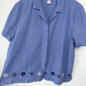 Womens Embroidered Flower Shirt Size 16 Top Sag Harbor Button Down Blouse Linen - Picture 1 of 8
