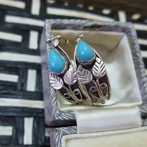 Pendientes de aro vintage de plata de ley 925, aros turquesa de la Bella Durmiente - Imagen 1 de 9