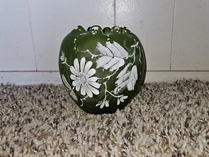 Hand Blown Victorian Frosted Green Glass Rose Bowl Vase Hand Painted Floral Leaf - Picture 1 of 8