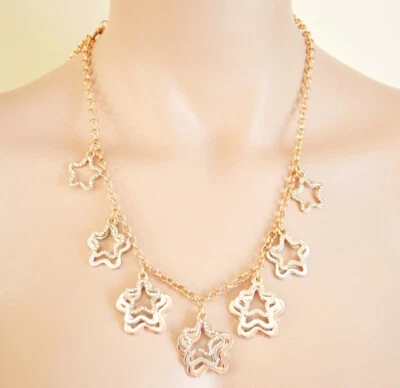 Collana donna girocollo dorato catena ciondoli stelle argento rosa strass U91 - Immagine 1 di 4