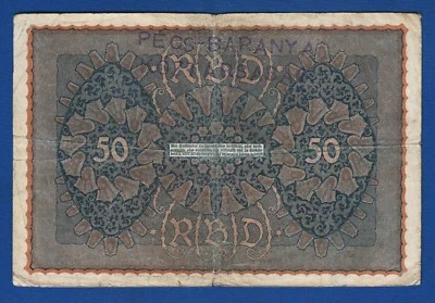 50 Mark 1919. Germany Reichsbanknote, PECS BARANYA KOZTARSASAG handstamp !! - Image 1 of 2