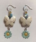 White Butterfly Blue Flower Silver Plated Dangle Earrings- Handcrafted