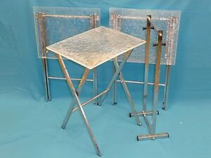 3 MID CENTURY MODERN CHIPPED ICE LUCITE CHROME LEG  FOLDING SNACK TABLES + STAND