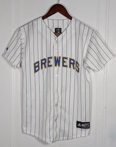 Maglia Milwaukee Brewers Majestic bianca gessato cucita giovane taglia large MLB - Foto 1 di 4