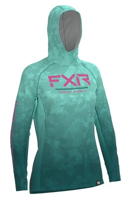 Pullover con capucha FXR Derby UPF para mujer espuma de mar camuflaje/rosa eléctrico Foto 1 de 2