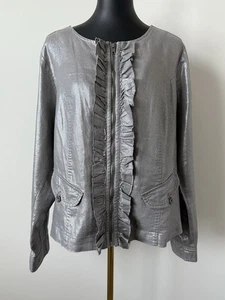 Lane Bryant Women's 16 Metallic Silver Jacket Ruffle Zip Front Pockets NWOT New - Picture 1 of 12